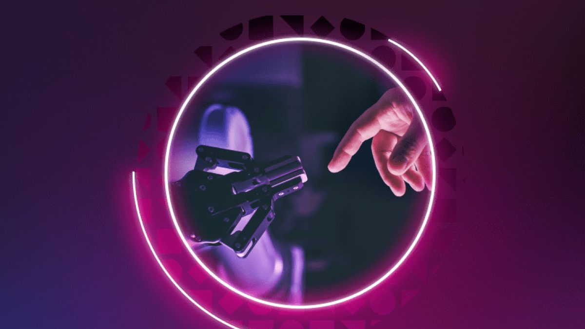 image of finger touching robot connection AI